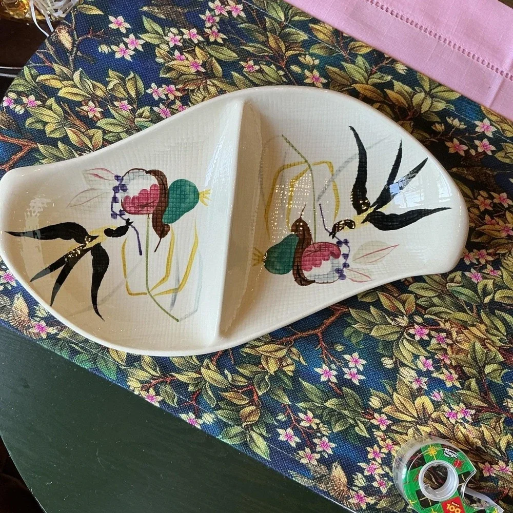Vintage Red Wing USA Pottery Capistrano Swallow Birds Divided Serving Dish 14